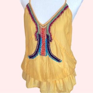 LeShop Butter Yellow Silk Blend Racer Back Cami Tank Top Boho Embroidered Size L